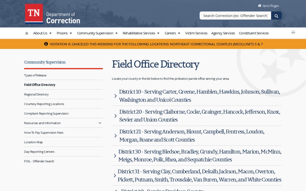 TDOC District 60 post-release supervision office serving Hardin County